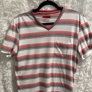 Alfani Red and Gray Striped V-Neck Tee